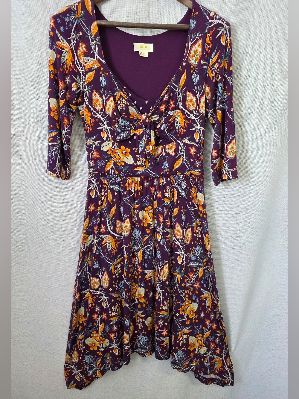 Maeve Anthropologie Floral Midi Dress Purple Tie Front Boho Handkerchief Hem